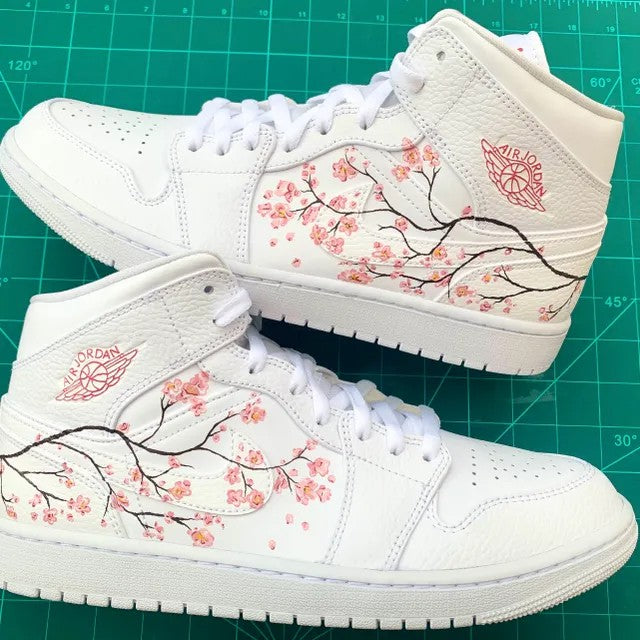 Custom Jordans White Pink Flowers Brown Branches