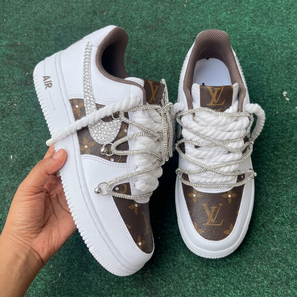 Vintage Brown Monogram Rhinestone Custom Air Force 1 Sneakers-shecustomize