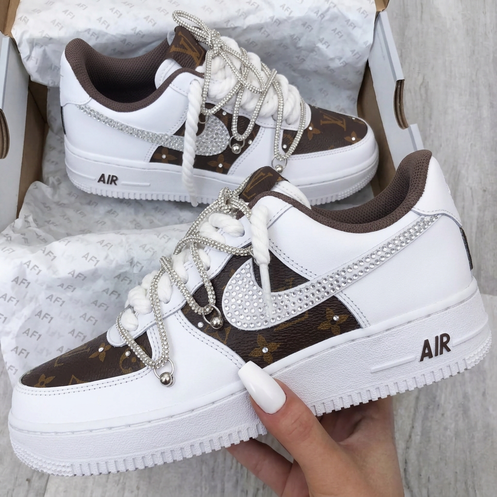 Vintage Brown Monogram Rhinestone Custom Air Force 1 Sneakers-shecustomize