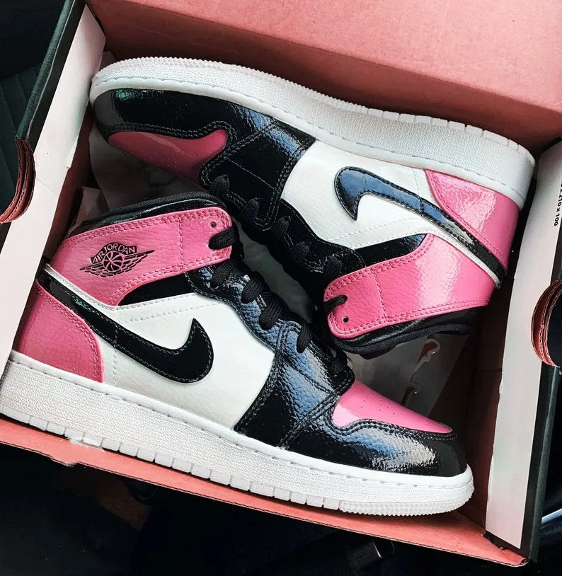Custom Jordans Pink White Black Glossy Material