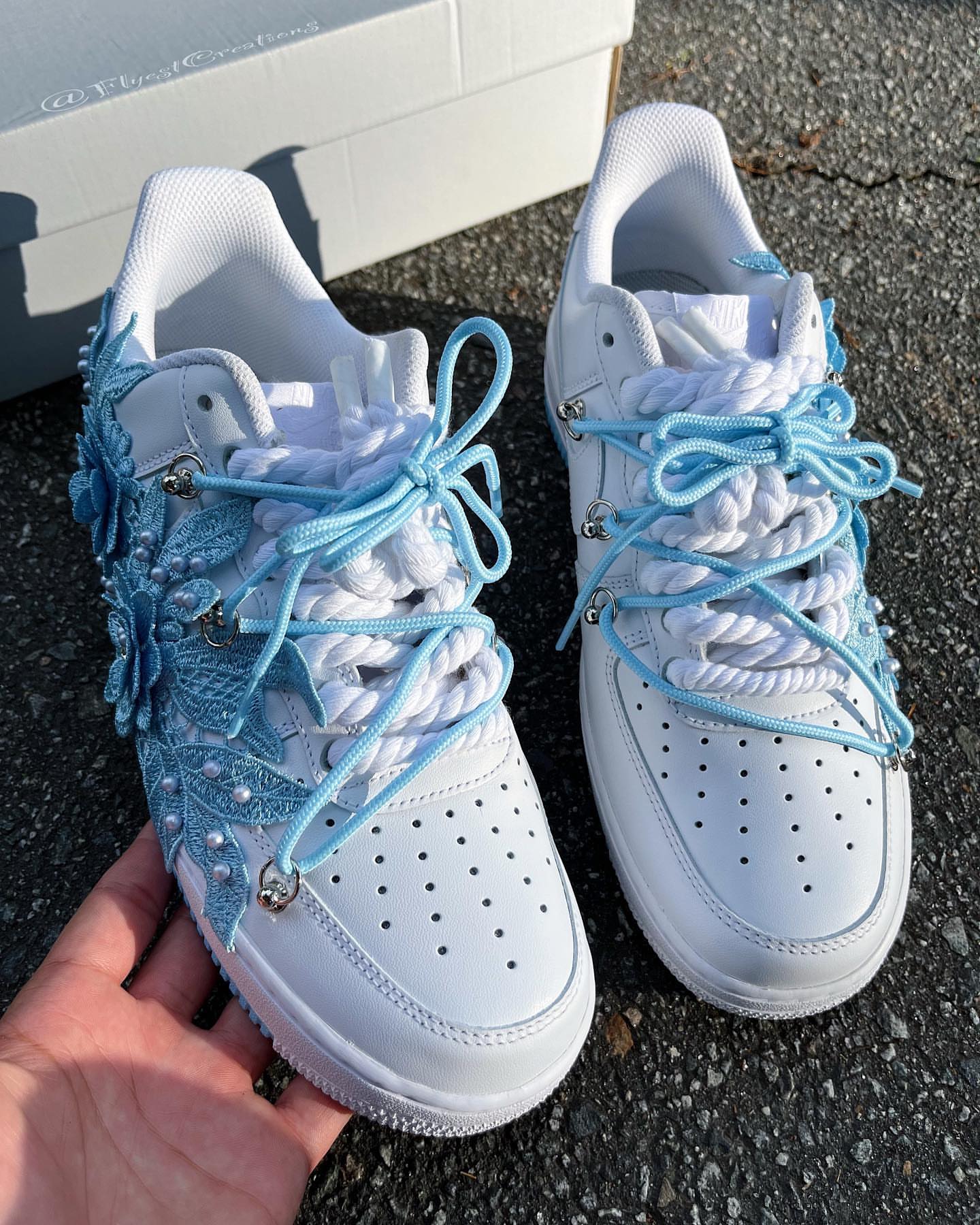 Hand Painted Blue Floral Pearl Custom Air Force 1 Sneakers-shecustomize