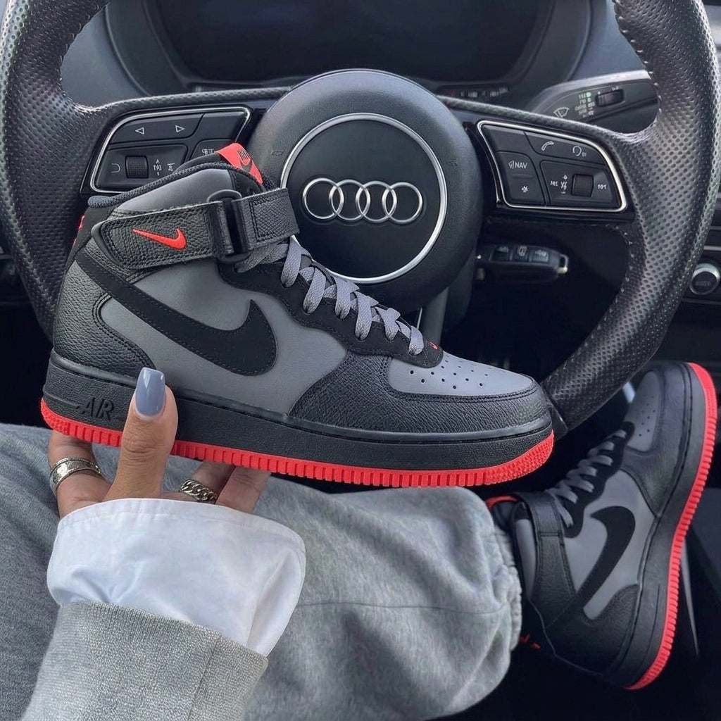 Black red grey custom Air Force 1 sneakers with handmade finish