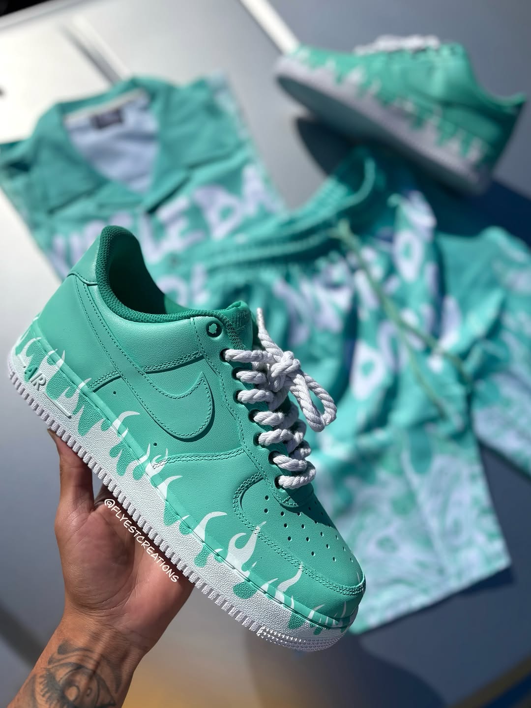 Hand Painted Mint Green Flame Custom Air Force 1 Sneakers-shecustomize