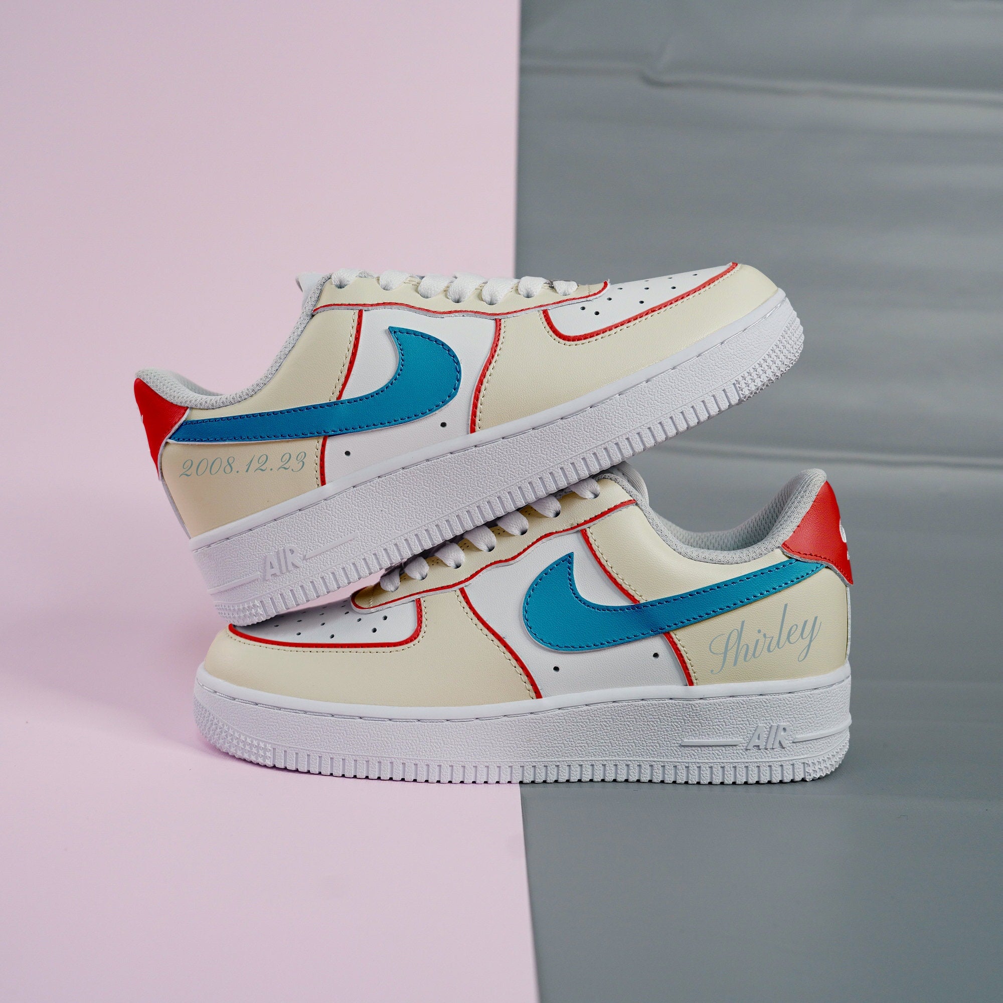 Unique Blue Beige Air Force 1s Custom Shoes Sneakers-shecustomize