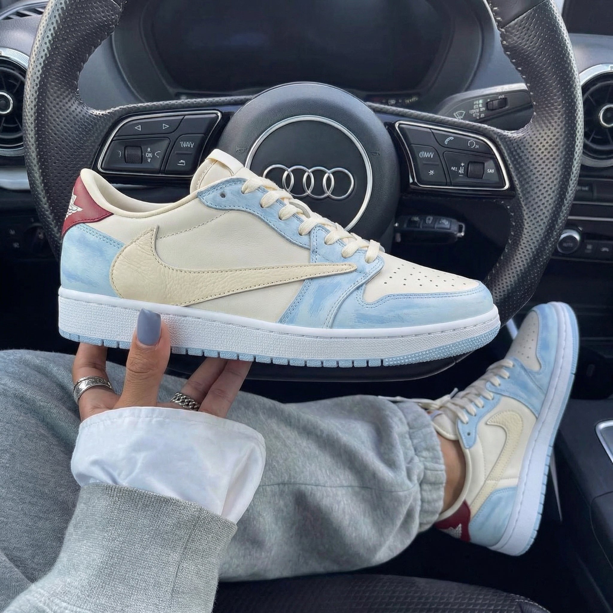 Baby Blue and Red Splatter Travis Scott Custom Air Jordan 1-shecustomize