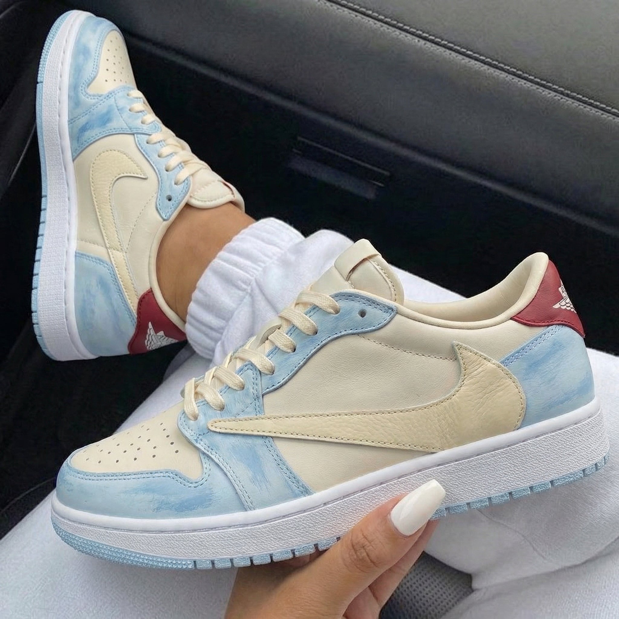 Baby Blue and Red Splatter Travis Scott Custom Air Jordan 1-shecustomize