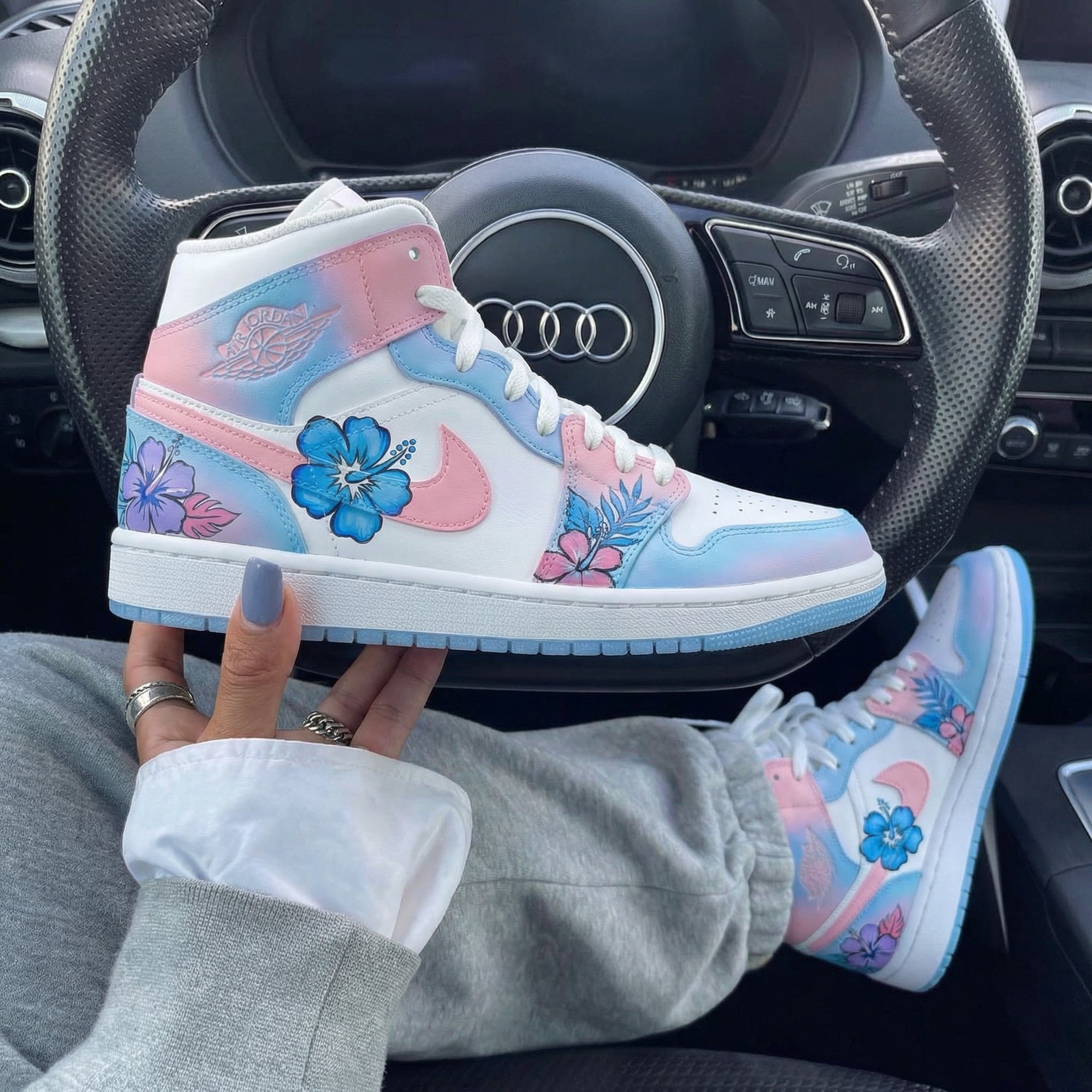 Baby Blue Baby Pink Hibiscus Flowers Custom Air Jordan 1-shecustomize