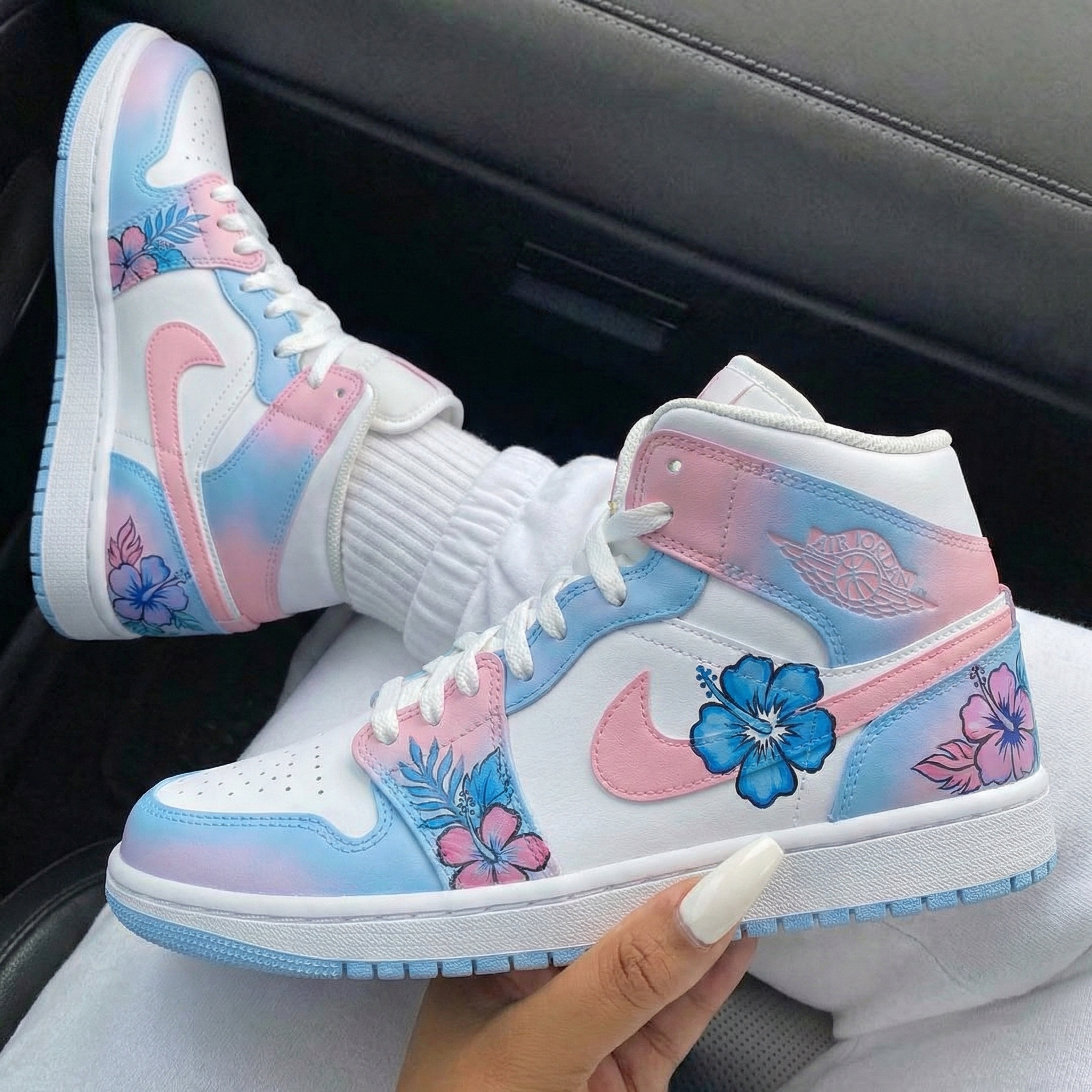 Baby Blue Baby Pink Hibiscus Flowers Custom Air Jordan 1-shecustomize