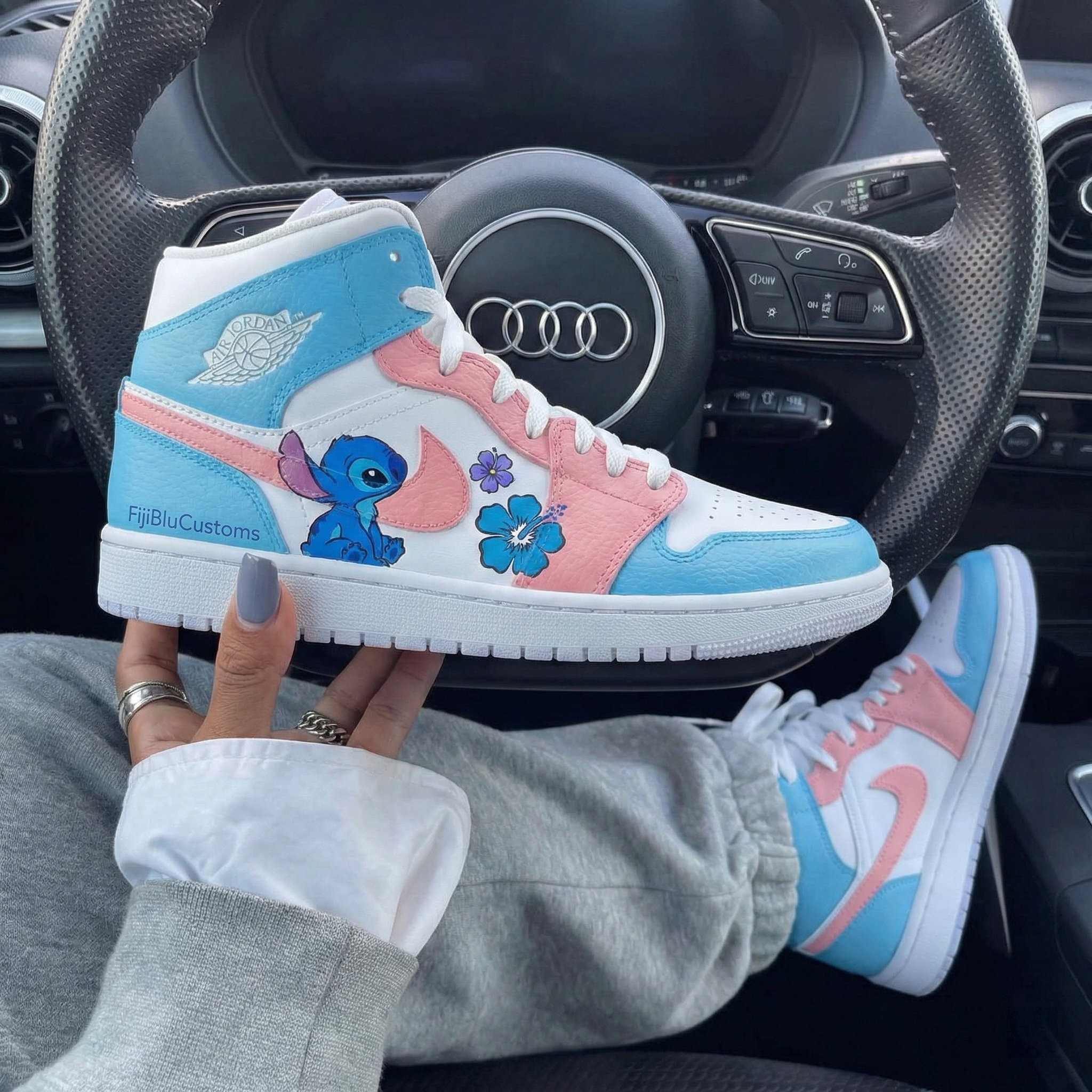 Baby Blue Baby Pink Stitch And Flowers Custom Air Jordan 1-shecustomize