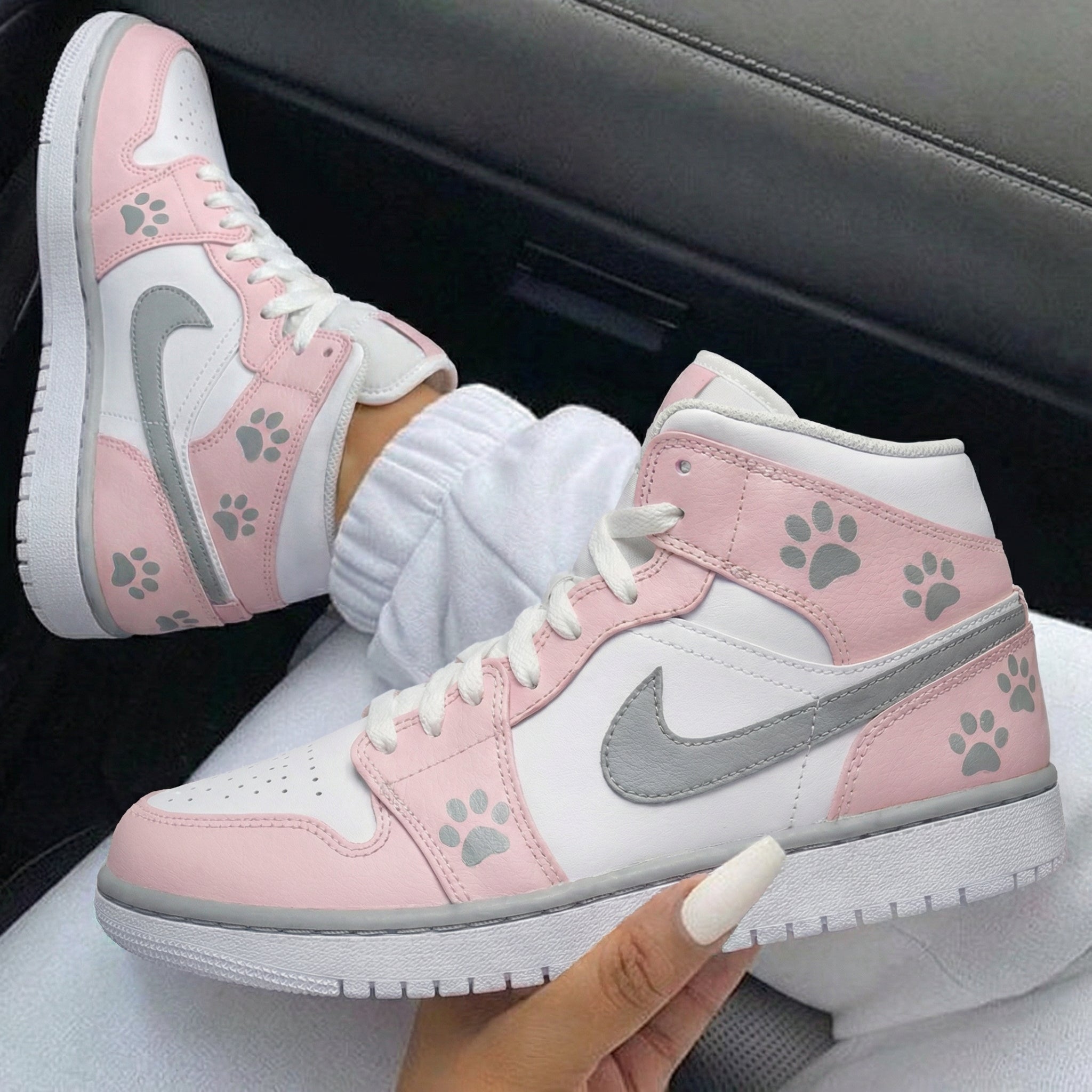 Baby Pink White Paw Print Custom Air Jordan 1-shecustomize