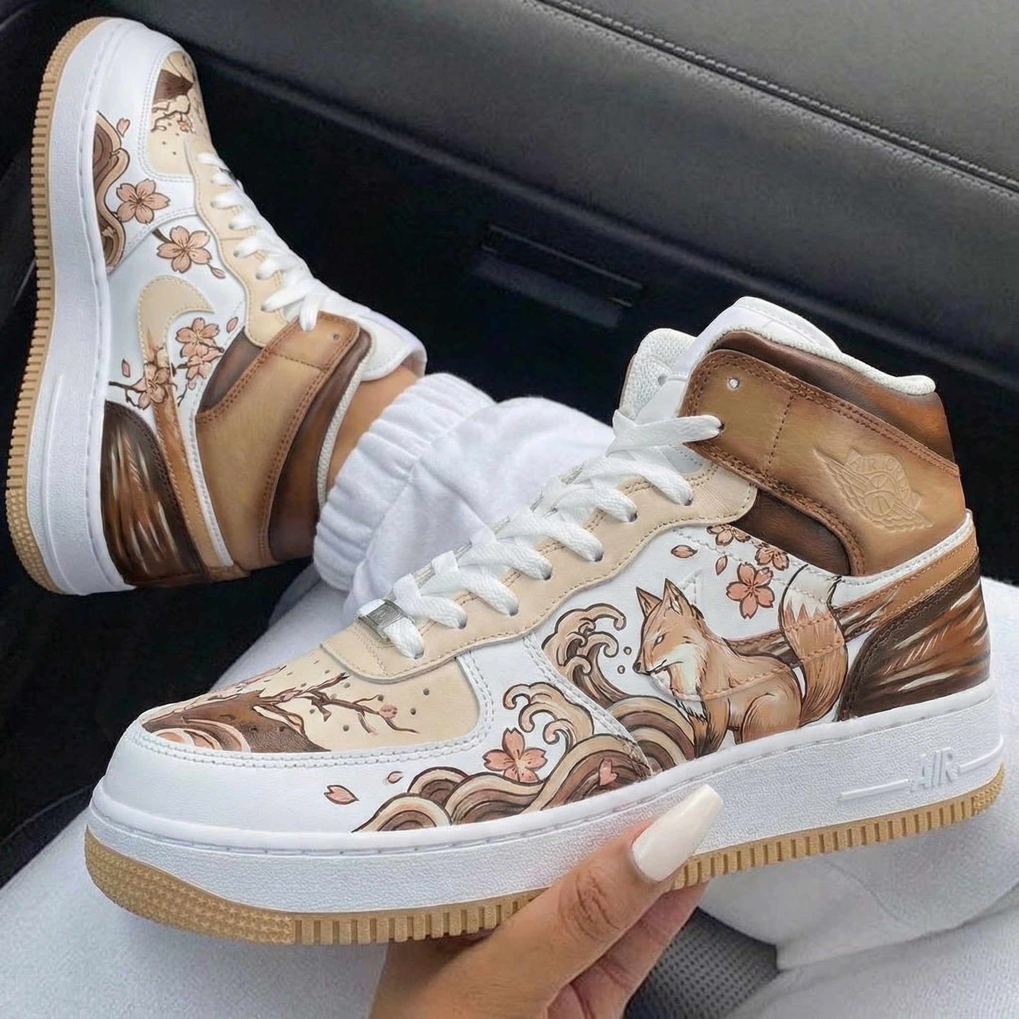 Beige Brown Cherry Blossom Fox Custom Air Force 1-shecustomize