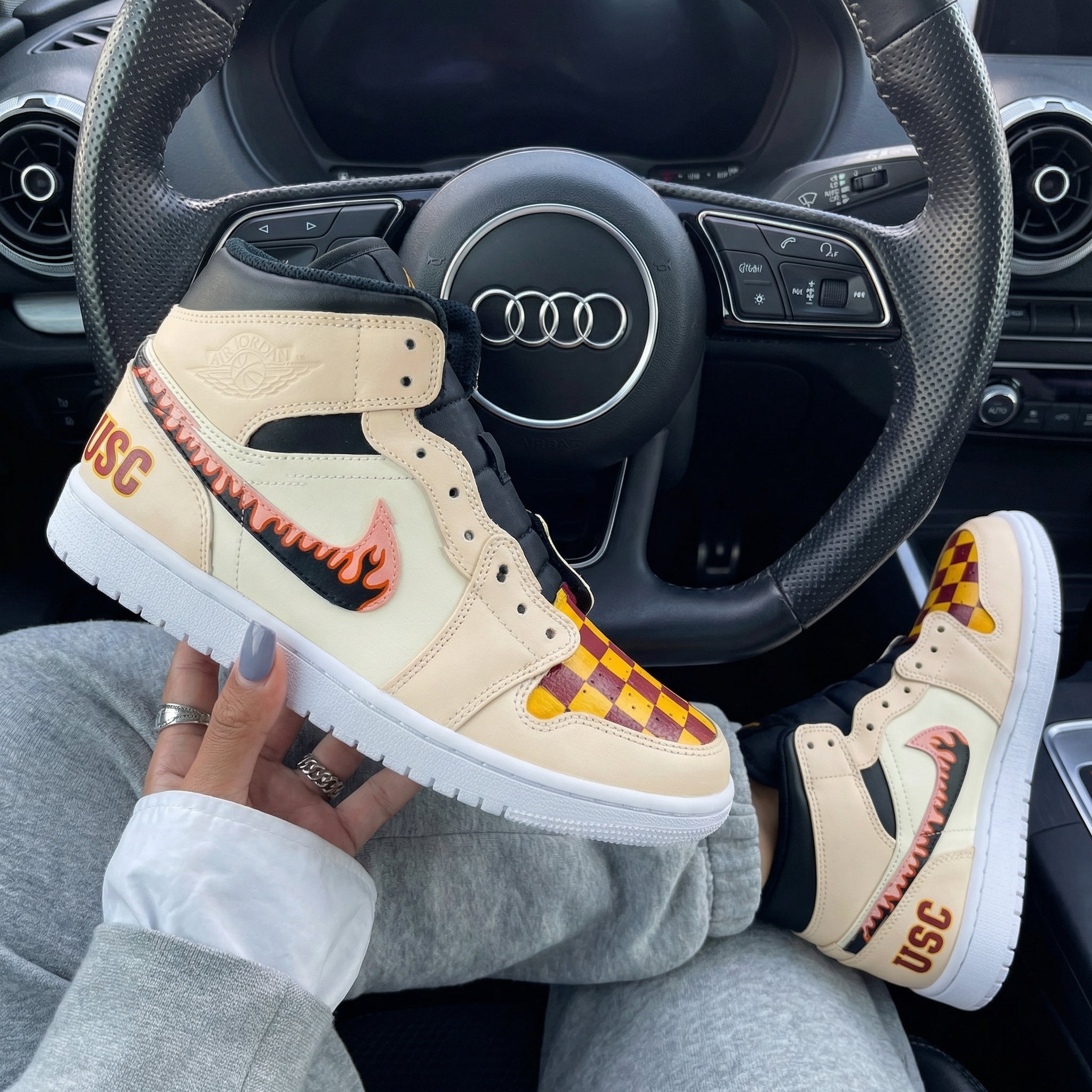 Beige Checkered Flame Custom Air Jordan 1-shecustomize