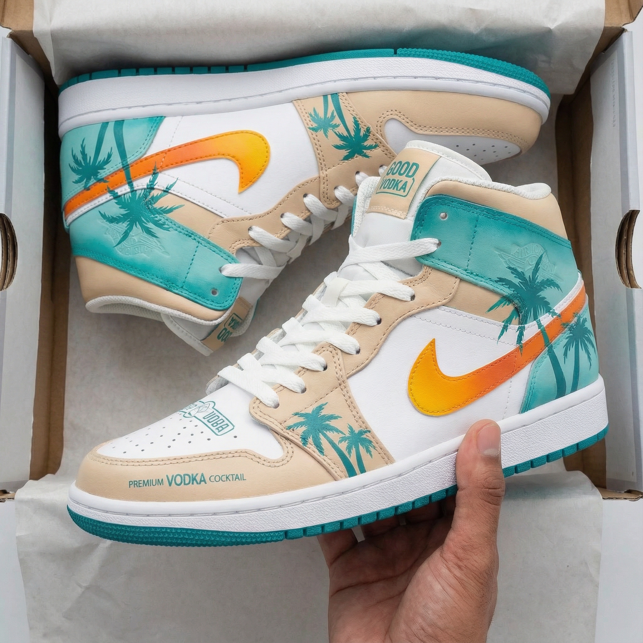 Beige Teal Palm Tree Custom Air Jordan 1-shecustomize