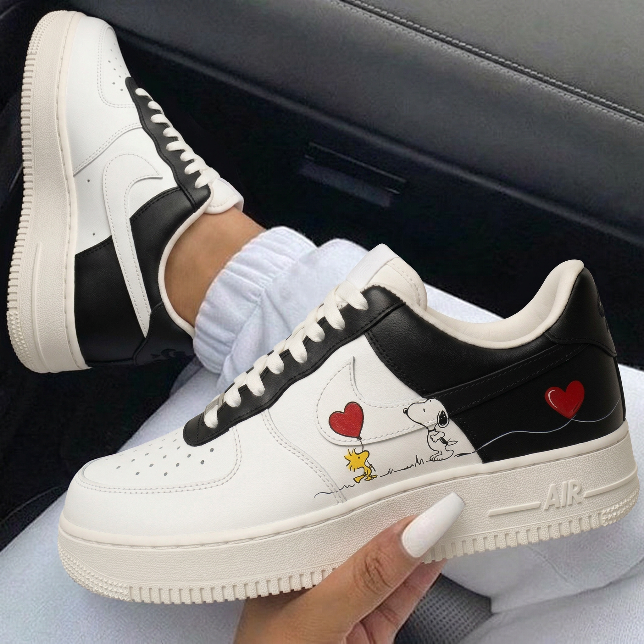 Black Red Snoopy Woodstock Heart Balloons Custom Air Force 1-shecustomize
