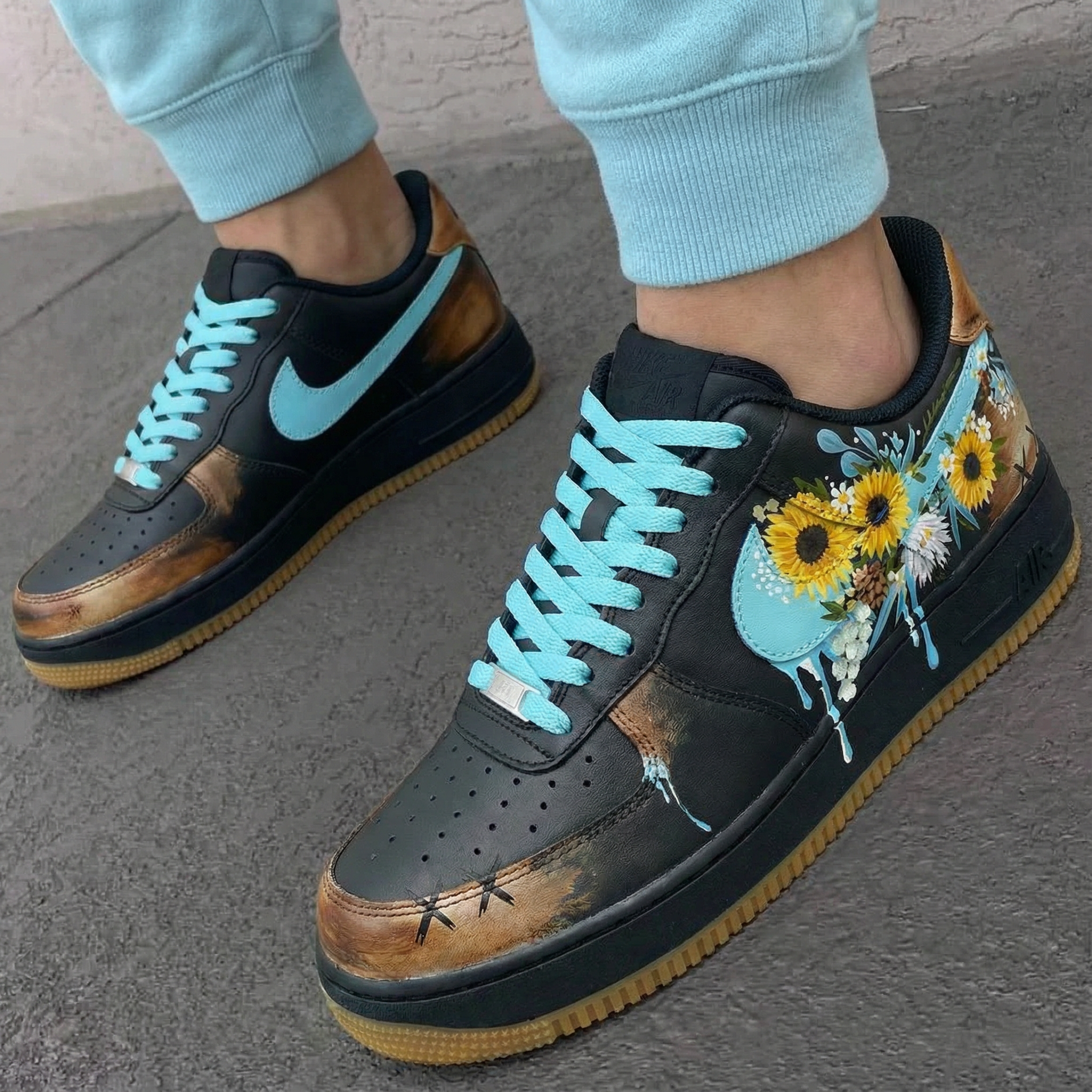 Black Turquoise Sunflower Custom Air Force 1-shecustomize