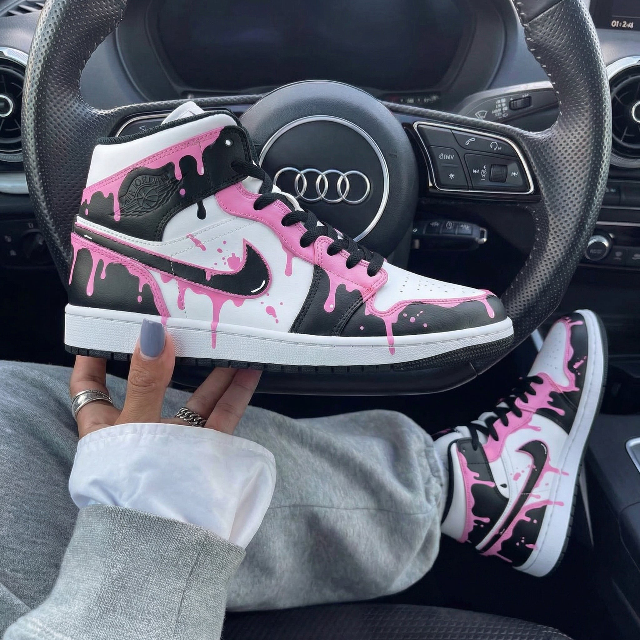 Black White Pink Drip Custom Air Jordan 1-shecustomize