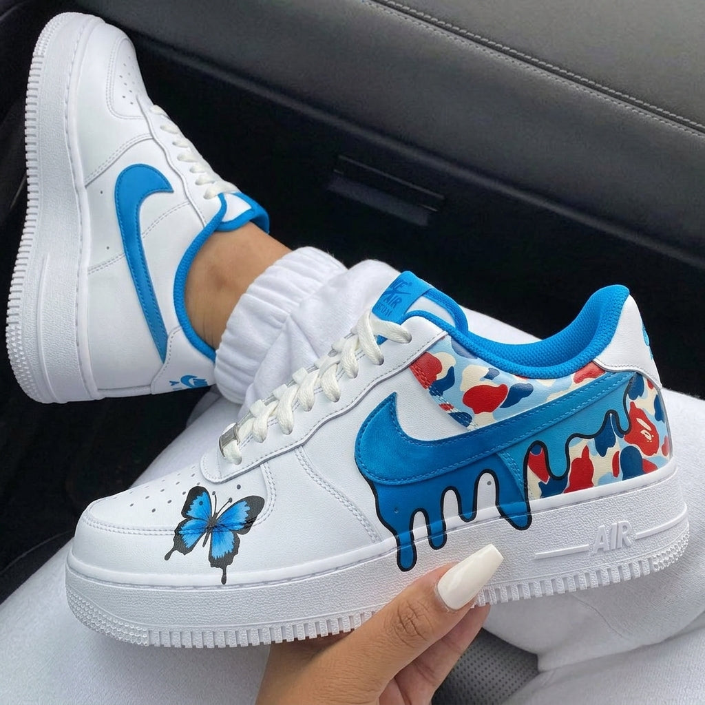 Blue Red Butterfly Camo Drip Custom Air Force 1-shecustomize