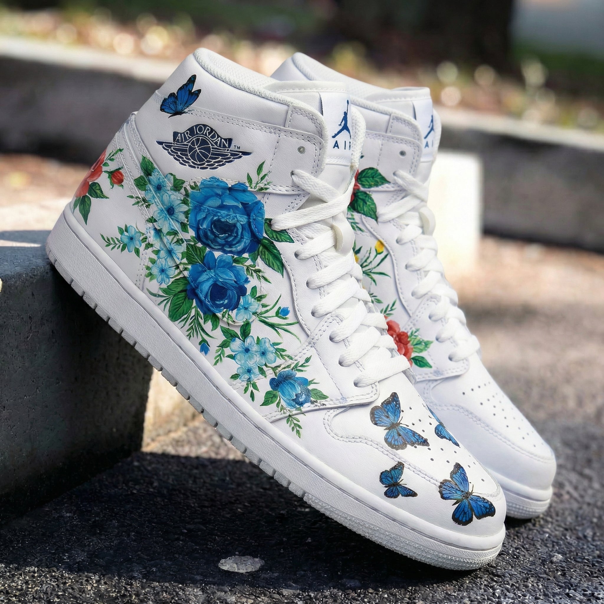 Blue Red Yellow Floral Butterflies Custom Air Jordan 1-shecustomize