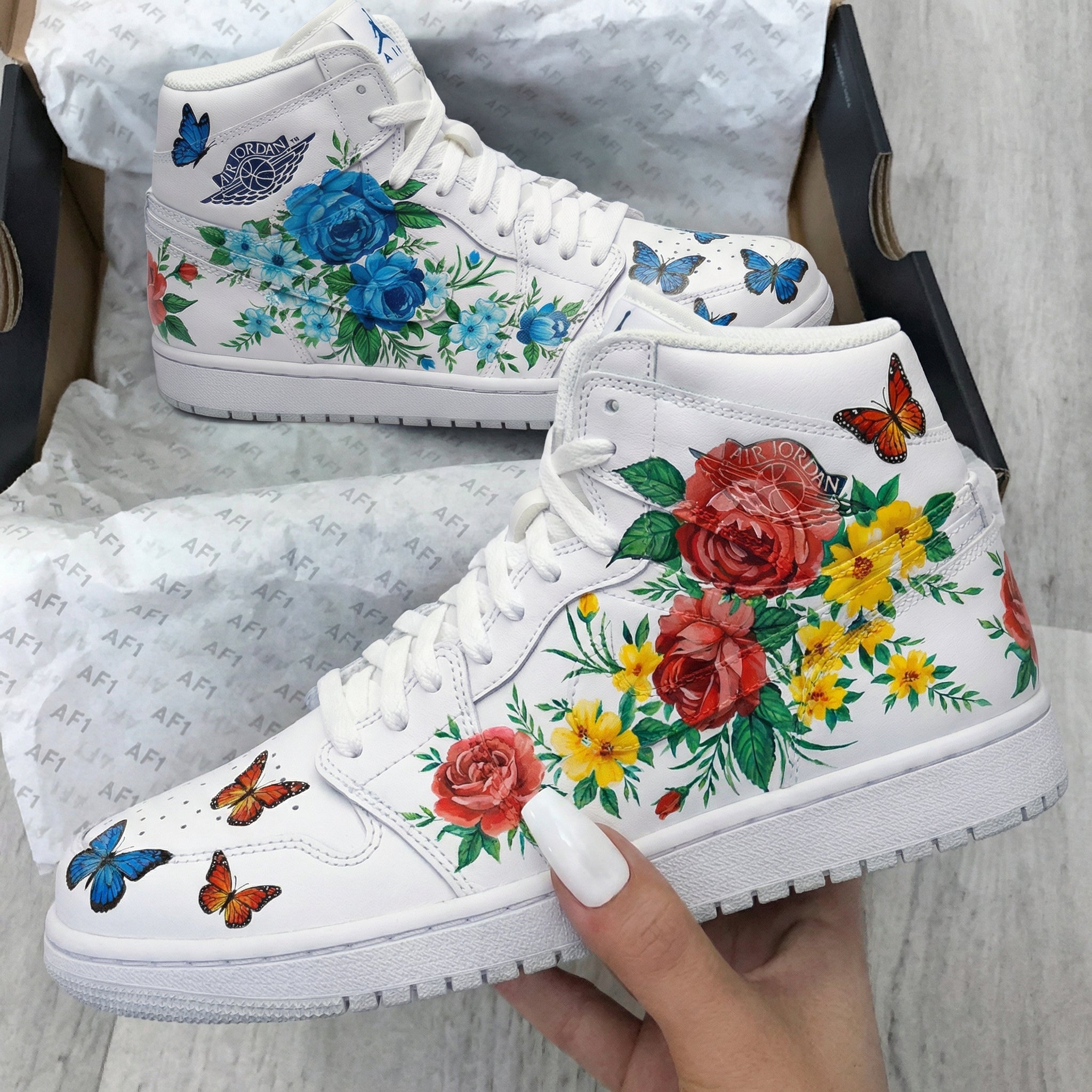 Blue Red Yellow Floral Butterflies Custom Air Jordan 1-shecustomize