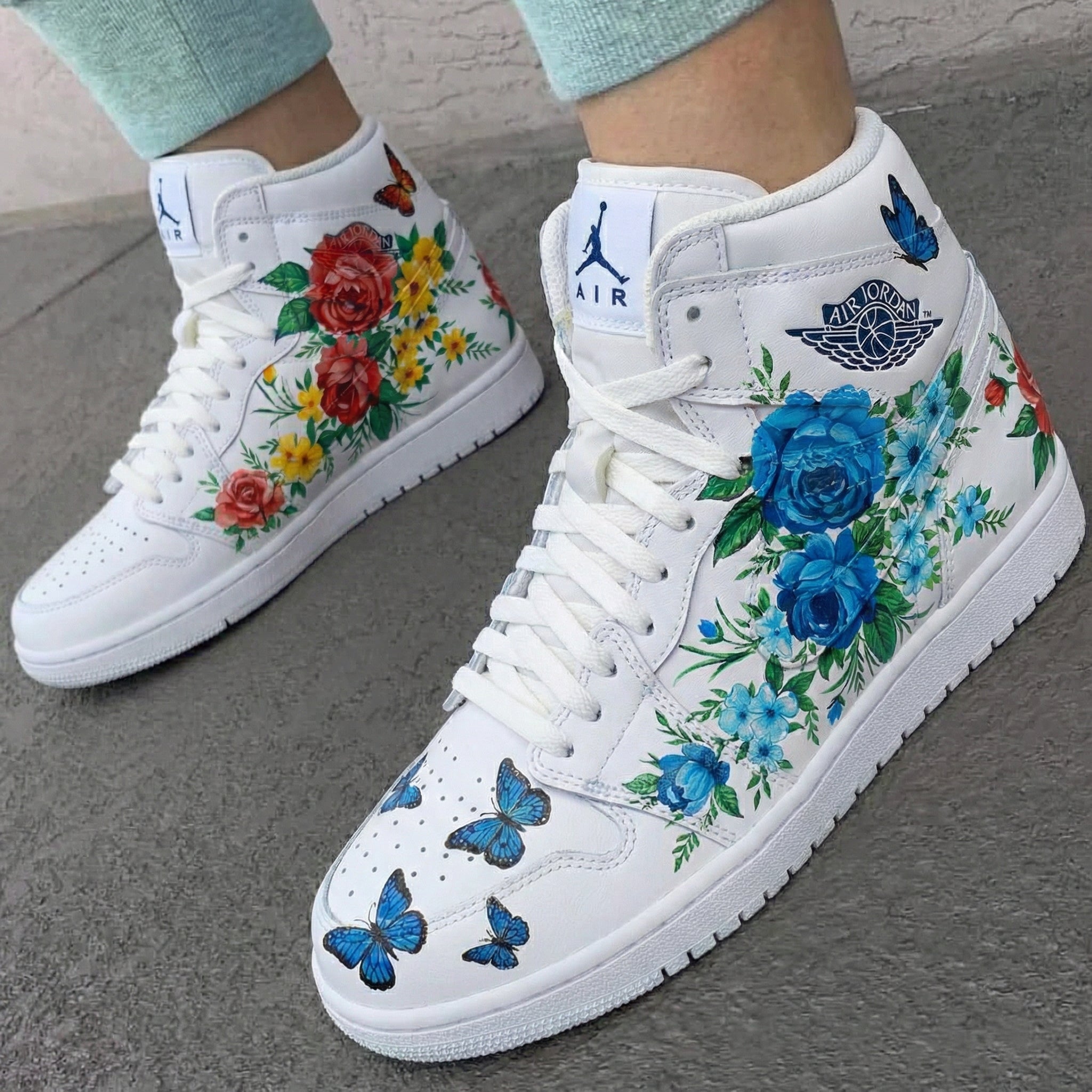 Blue Red Yellow Floral Butterflies Custom Air Jordan 1-shecustomize