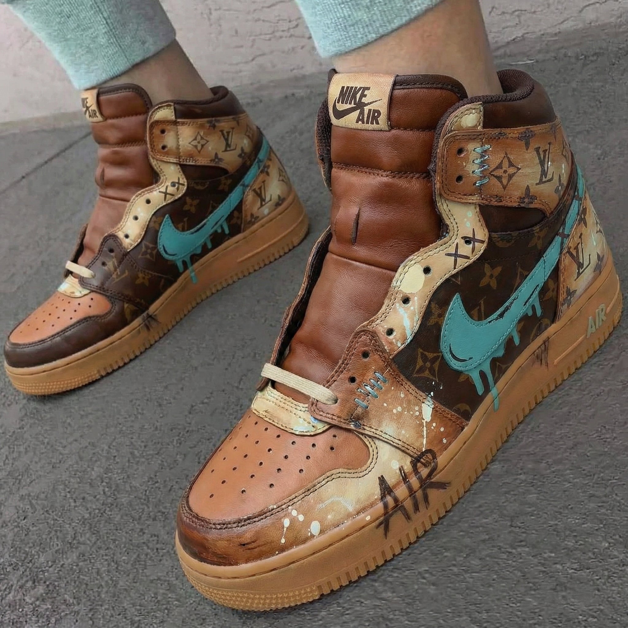 Brown Tan Teal LV Pattern Custom Air Force 1-shecustomize