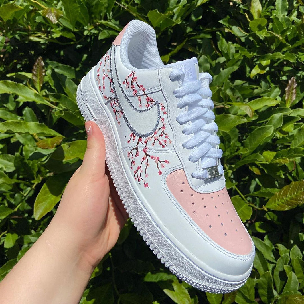 Custom Air Force 1 Baby Pink And White With Cherry Blossom Patterns-shecustomize