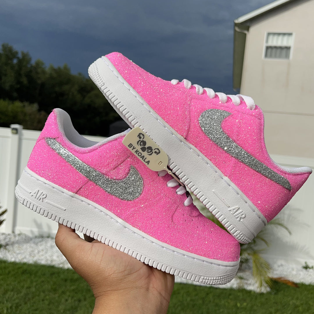 Custom Air Force 1 Baby Pink Glitter Silver Swoosh