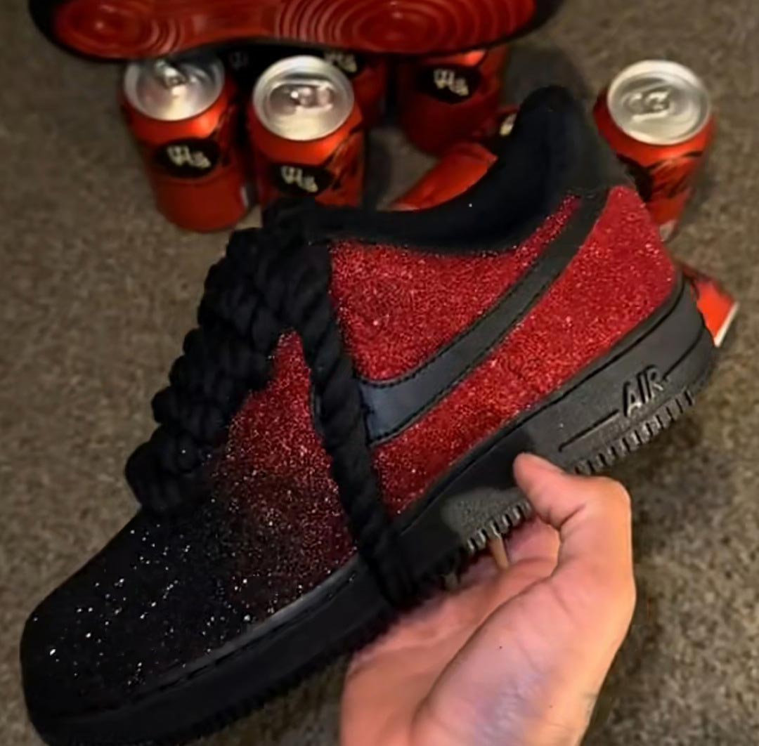 Custom Air Force 1 Black And Red Glitter With Thick hemp rope shoelaces