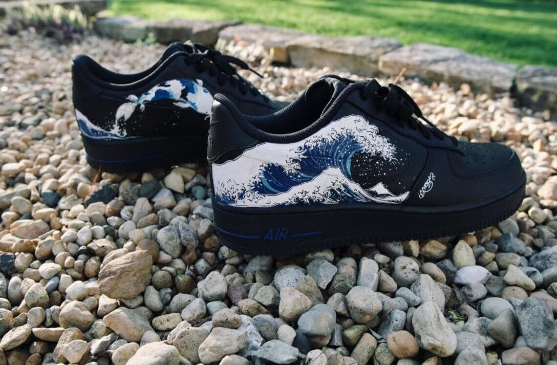 Custom Air Force 1 Black Blue Red Great Wave-shecustomize
