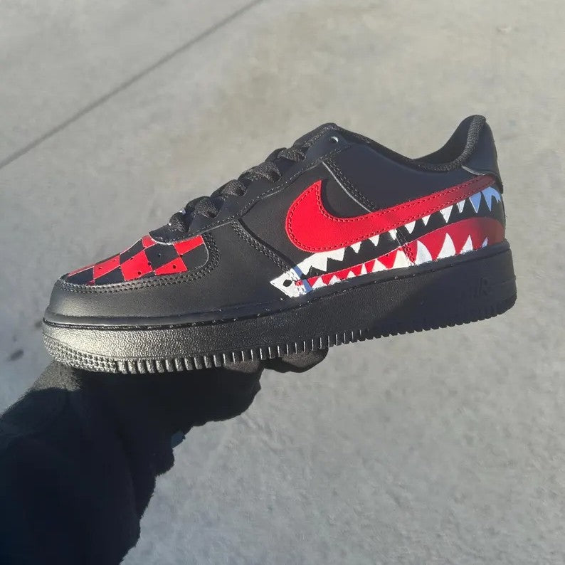 Custom Air Force 1 Black Red Checkerboard Shark Teeth-shecustomize