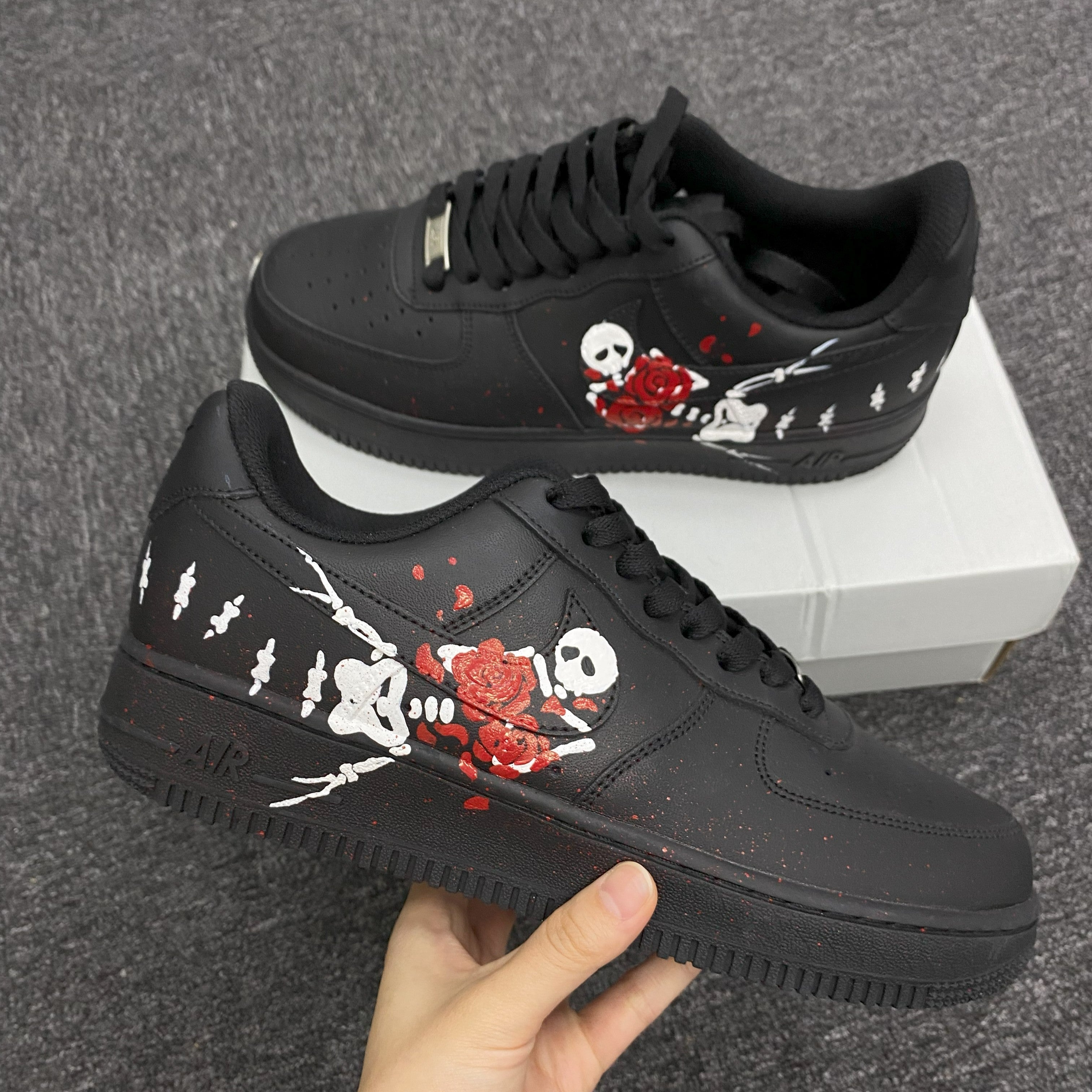 Custom Air Force 1 Black Skull And Red Rose
