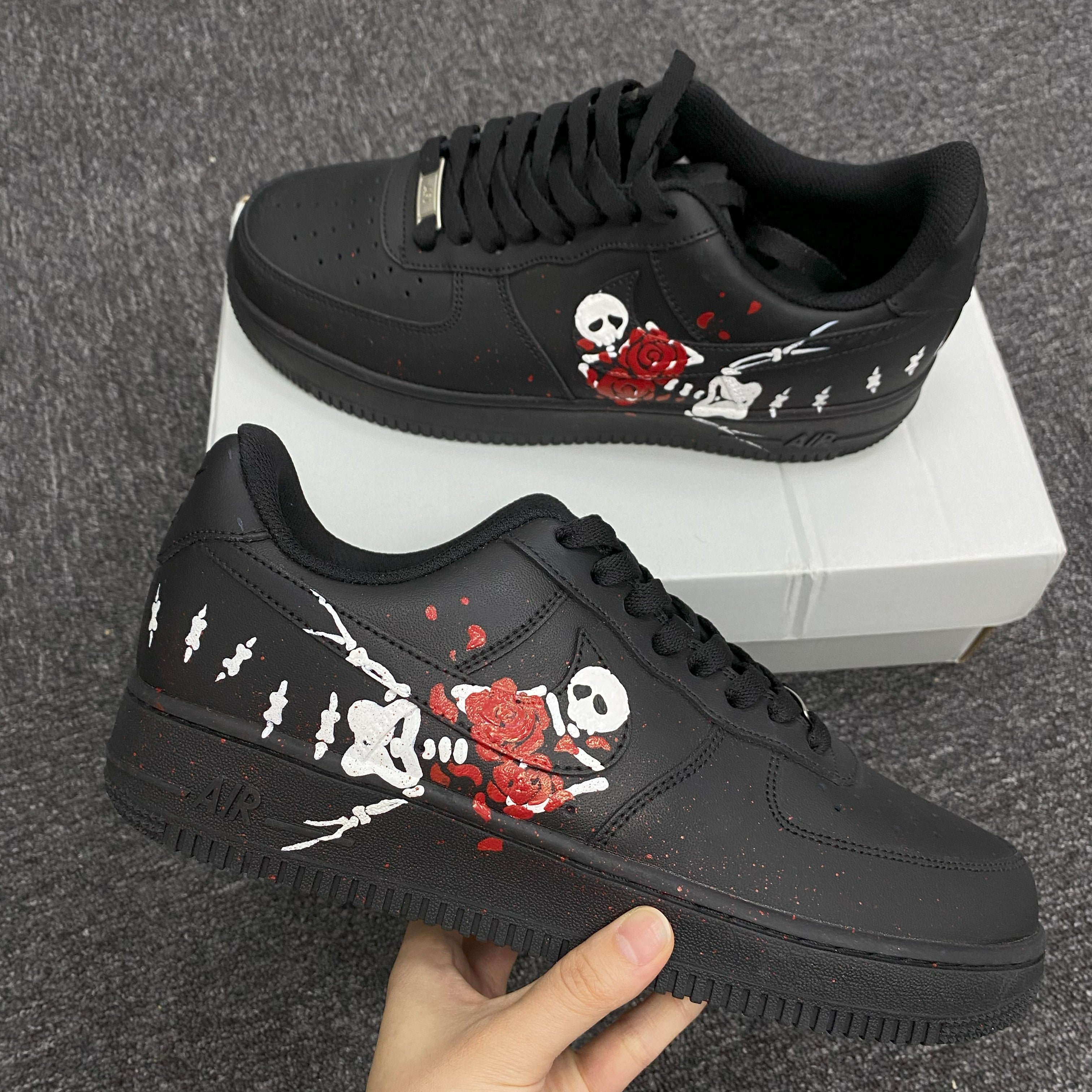 Custom Air Force 1 Black Skull And Red Rose
