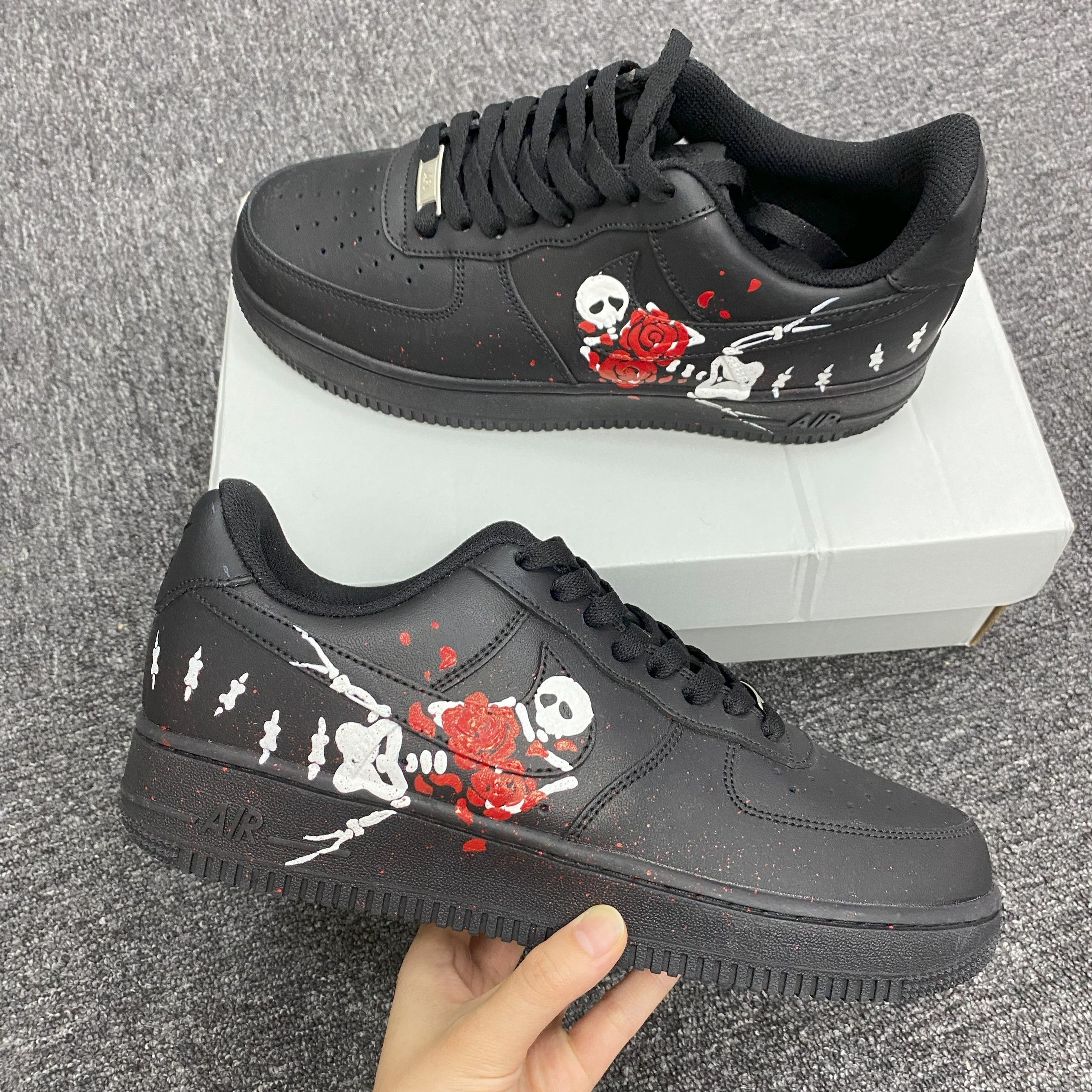 Custom Air Force 1 Black Skull And Red Rose