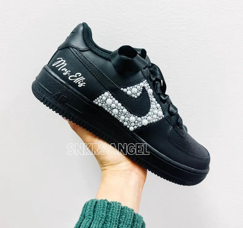 Custom Air Force 1 Black With Pearl Embellishments