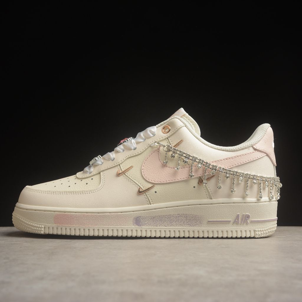 Custom Air Force 1 Cream Baby Pink With Rhinestone Fringe