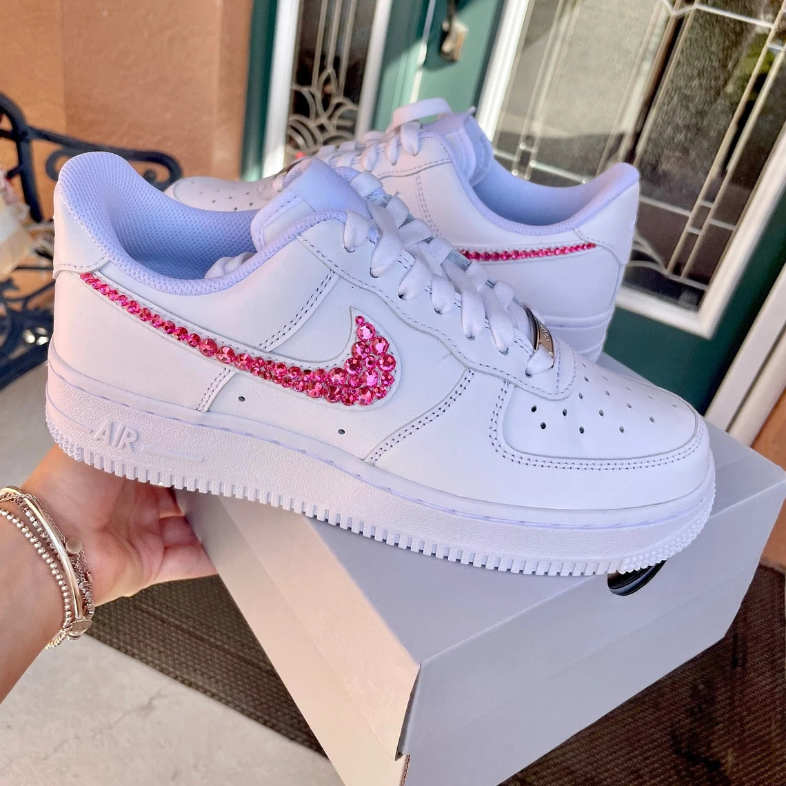 Custom Air Force 1 Pink Rhinestones Swoosh-shecustomize