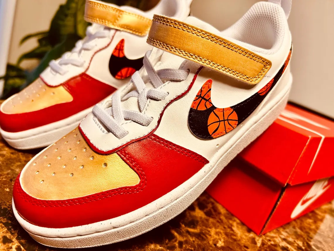 Custom Air Force 1 Red Gold With Basketball Pattern Swoosh-shecustomize