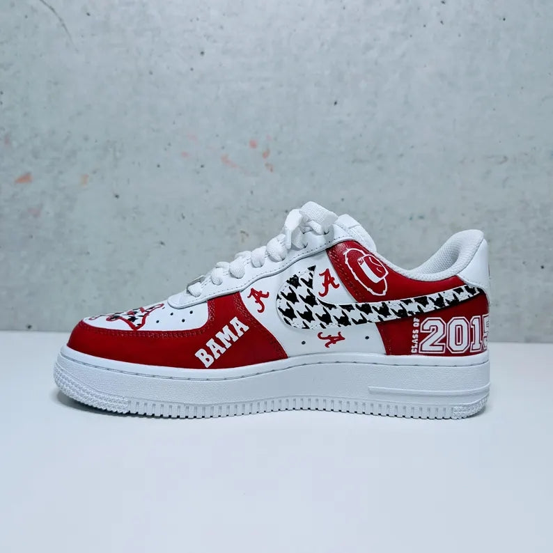 Custom Air Force 1 Red White With Houndstooth And Alabama Graphics-shecustomize