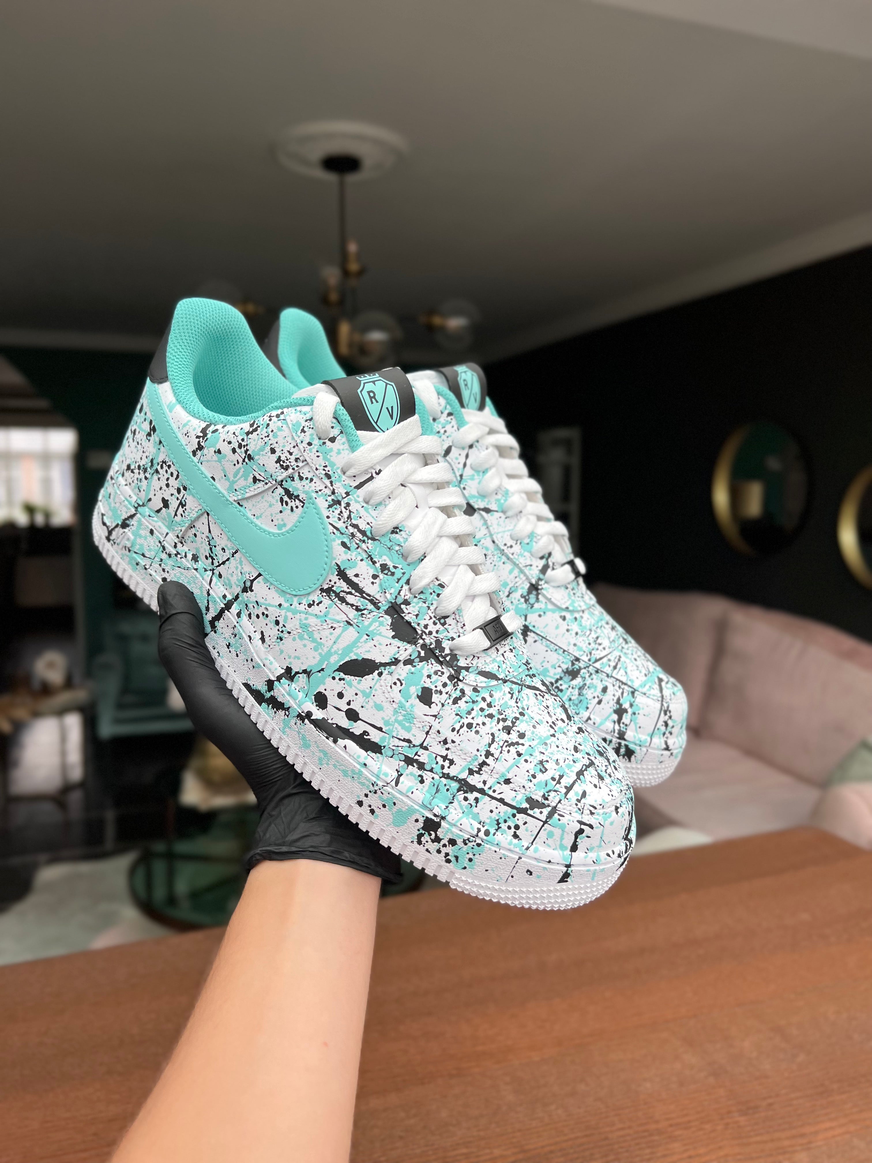 Custom Air Force 1 Teal Black Splatter Pattern-shecustomize