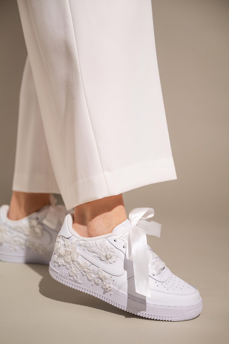 Custom Air Force 1 Wedding Shoes White Floral Embroidered