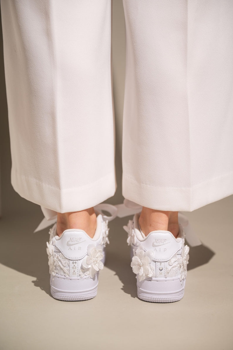Custom Air Force 1 Wedding Shoes White Floral Embroidered