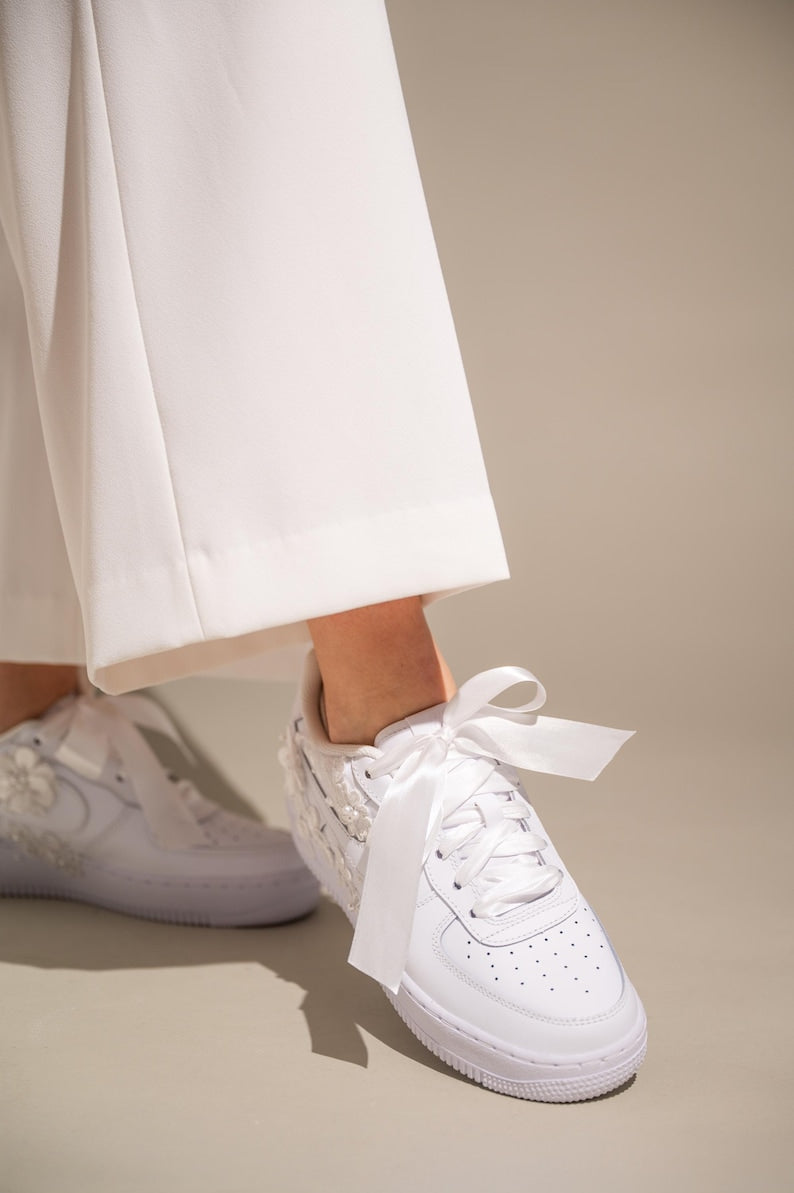 Custom Air Force 1 Wedding Shoes White Floral Embroidered
