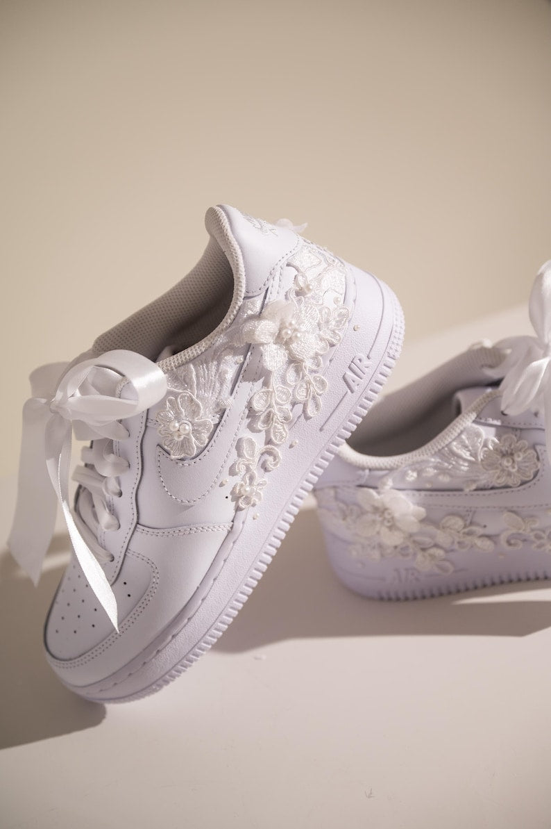 Custom Air Force 1 Wedding Shoes White Floral Embroidered