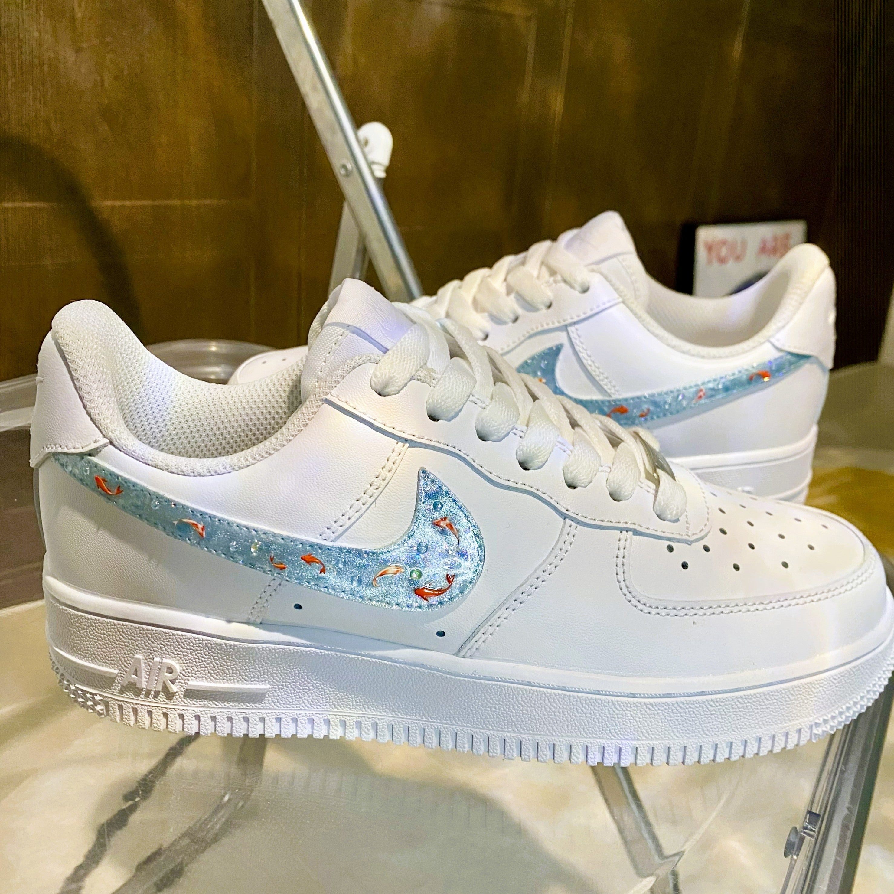 Custom Air Force 1 White Baby Blue Koi Fish Pattern