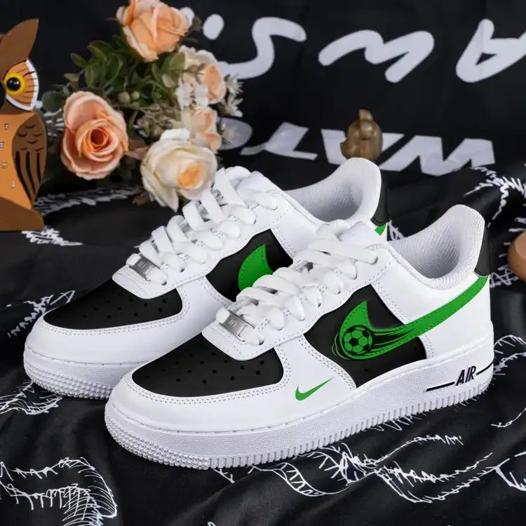 Custom Air Force 1 White Black With Green Soccer Ball Design-shecustomize