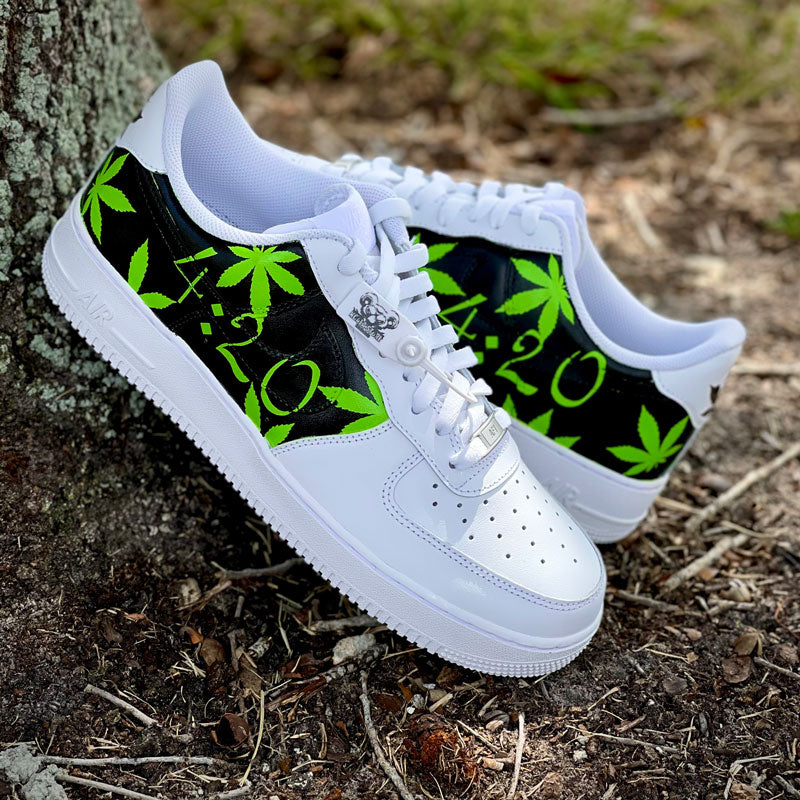 Custom Air Force 1 White Black With Green Weed Pattern
