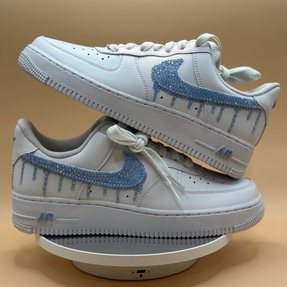 Custom Air Force 1 White Blue Dripping Rhinestones-shecustomize