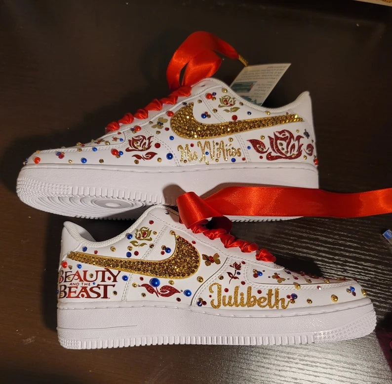 Custom Air Force 1 White Gold Rhinestones Red With Beauty And the Beast Theme