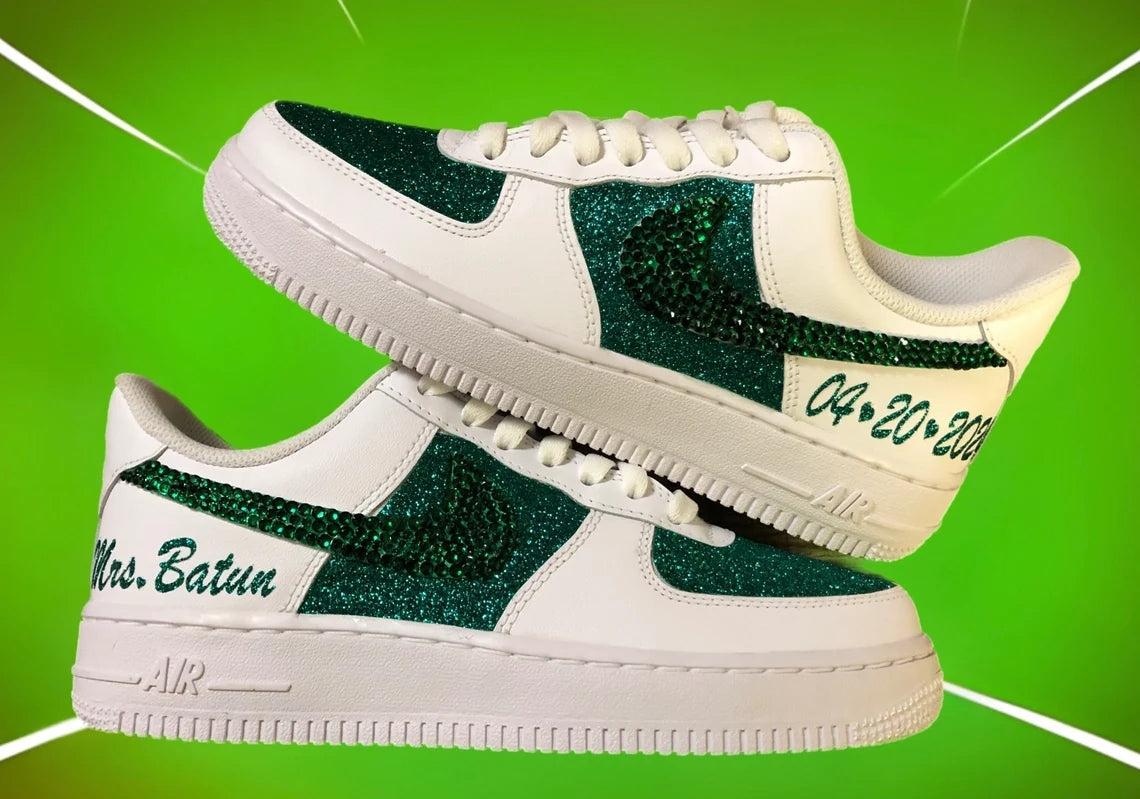 Custom Air Force 1 White Green Glitter With Rhinestones