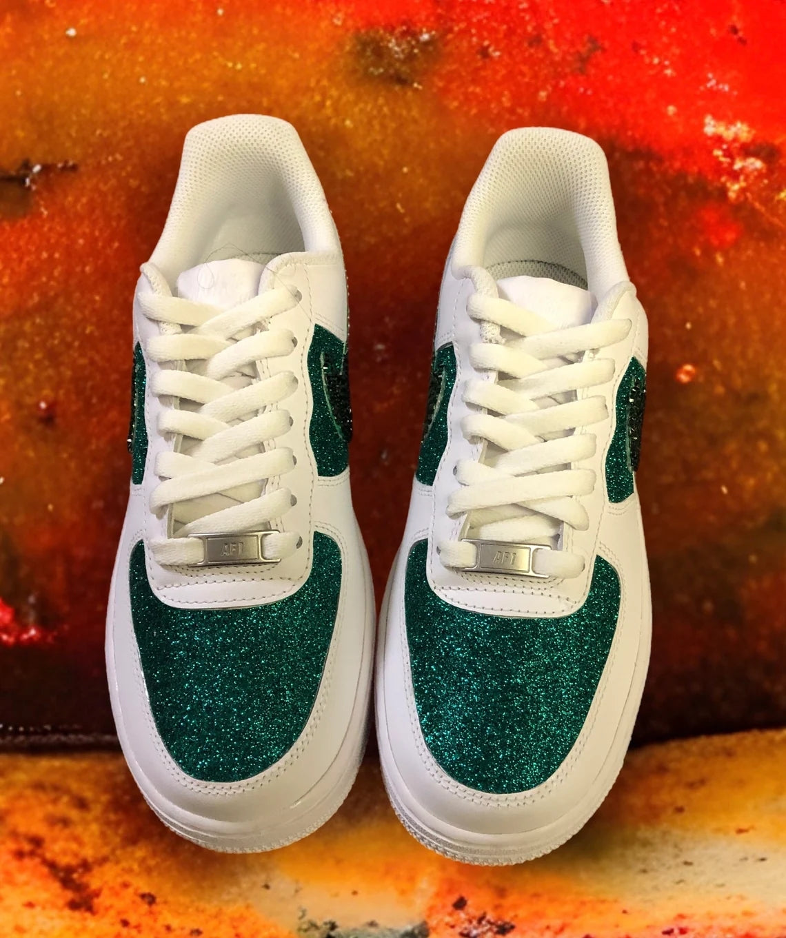 Custom Air Force 1 White Green Glitter With Rhinestones
